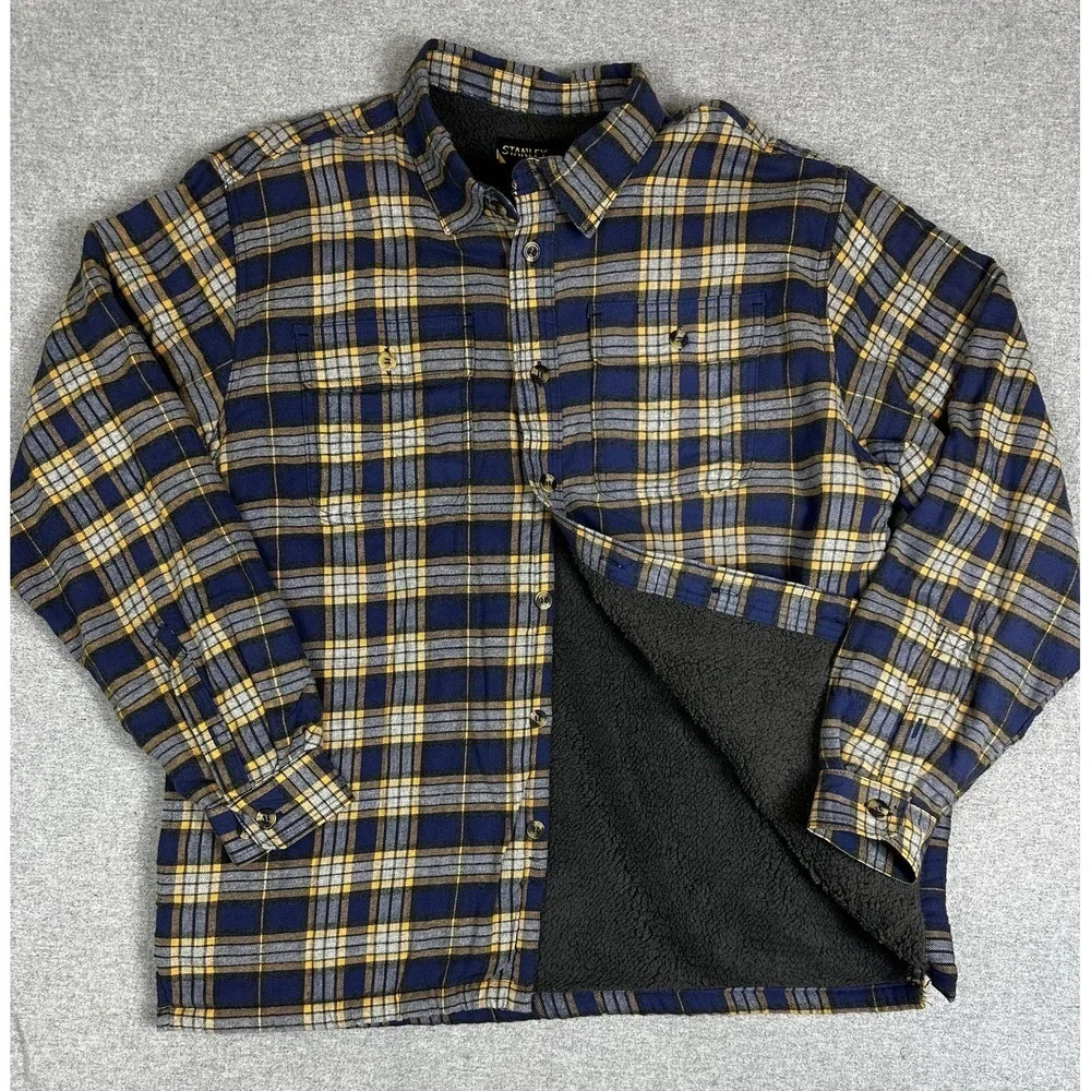 Stanley Jacket Mens 2XL Blue Yellow Plaid Sherpa Lined Flannel Button Up